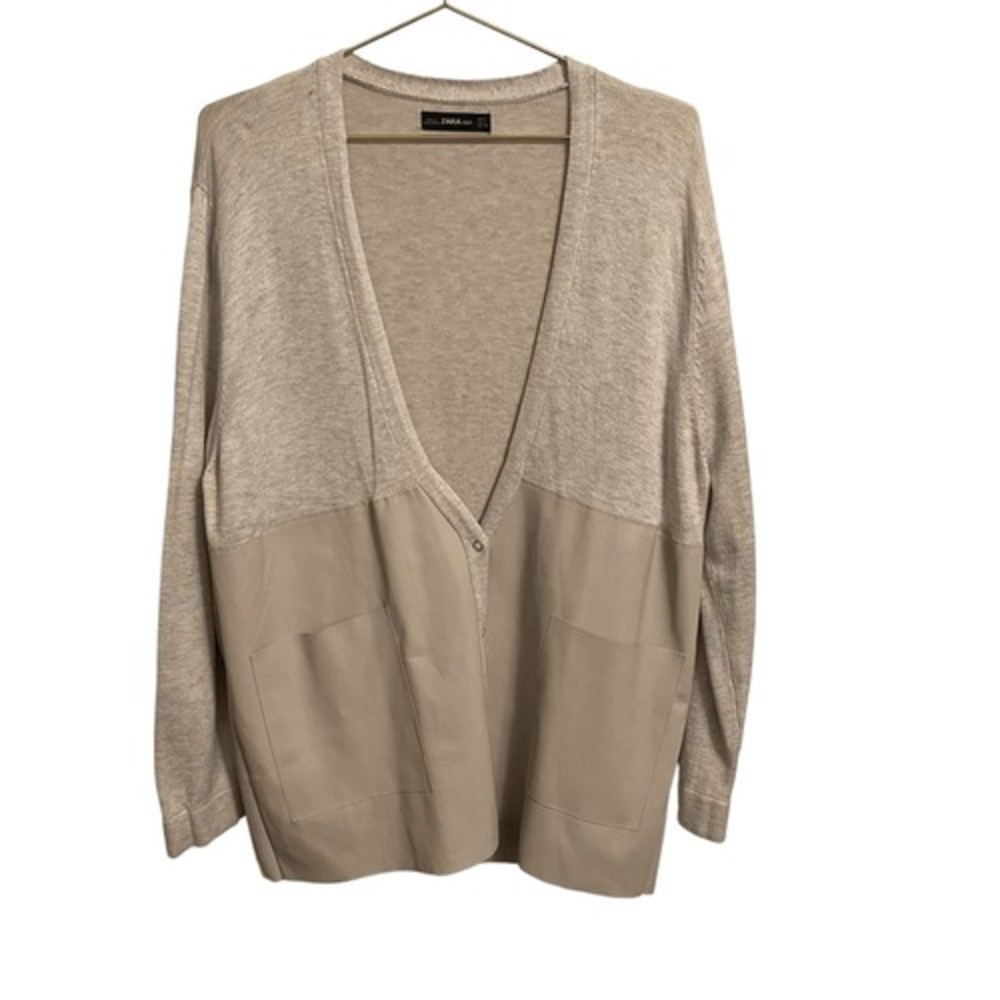 Zara Knit Womens Small Beige Mixed Media V-Neck Cardigan Single Snap Pockets